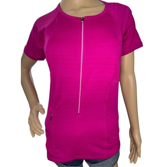 Athleta Short Sleeve Magenta Athletic T-Shirt With Front Zipper - Picture 1 of 5